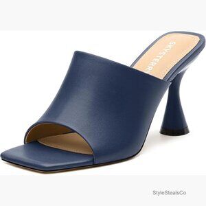 Women's Heeled Mules Square Open Toe Chunky Block High Heel Sandals Slip On